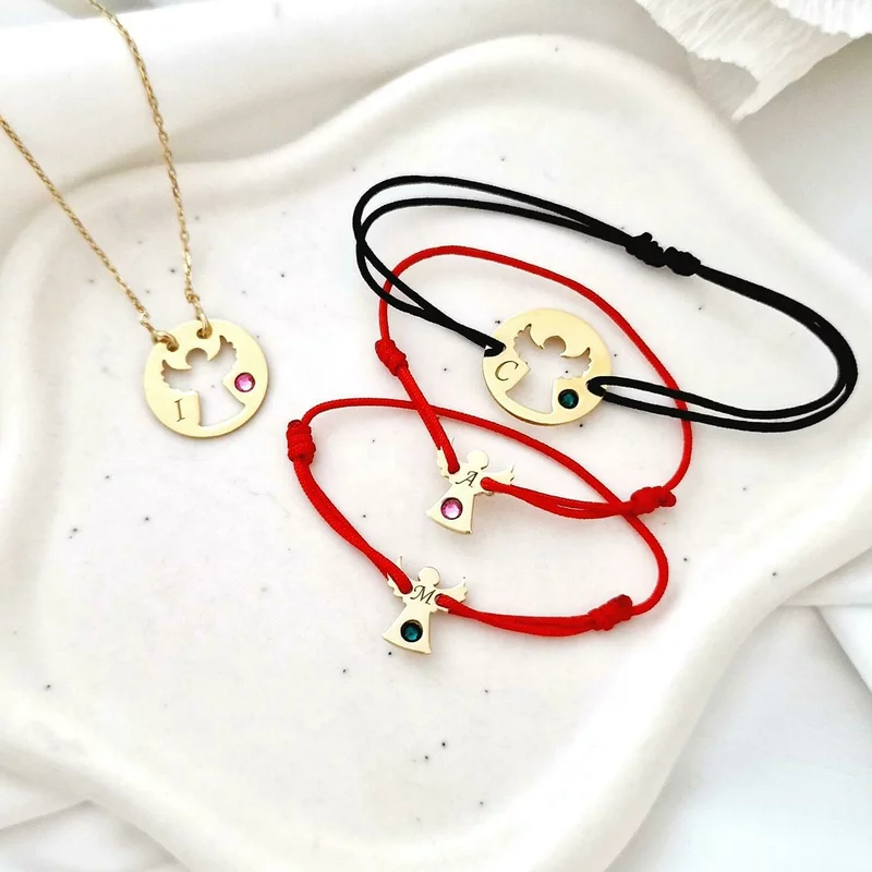 Set Bijuterii Familie Personalizate – 3 Bratari si 1 Lantisor – Ingerasi cu Cristale Swarovski – Argint 925 Placat cu Aur 18K – Snur Reglabil picture - 3