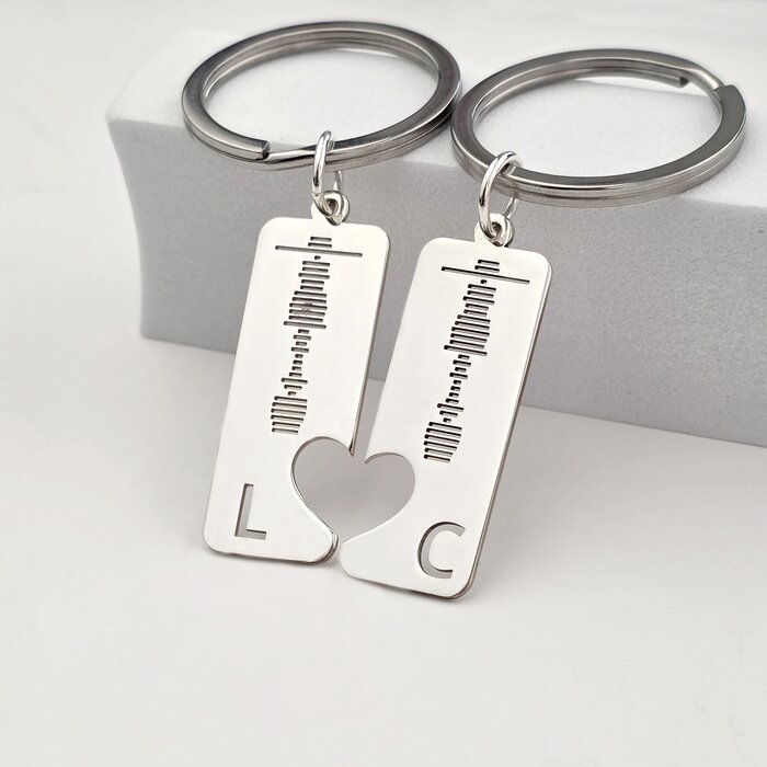 Set doua brelocuri personalizate - gravura amprenta vocala, initiala si inima decupata - Argint 925