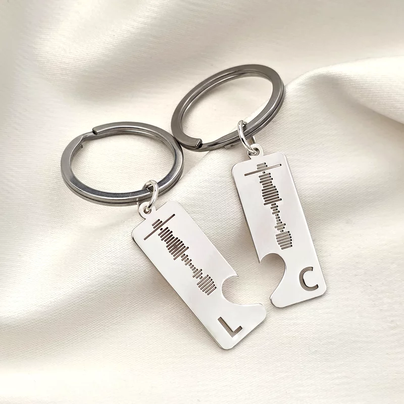 Set doua brelocuri personalizate - gravura amprenta vocala, initiala si inima decupata - Argint 925 picture - 3