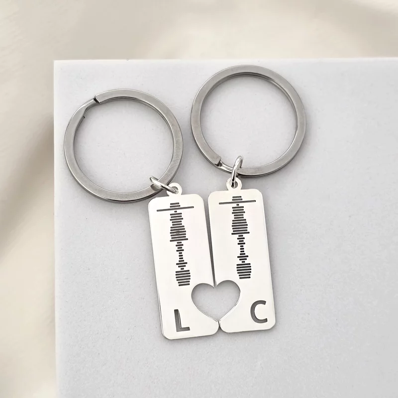 Set doua brelocuri personalizate - gravura amprenta vocala, initiala si inima decupata - Argint 925 picture - 4