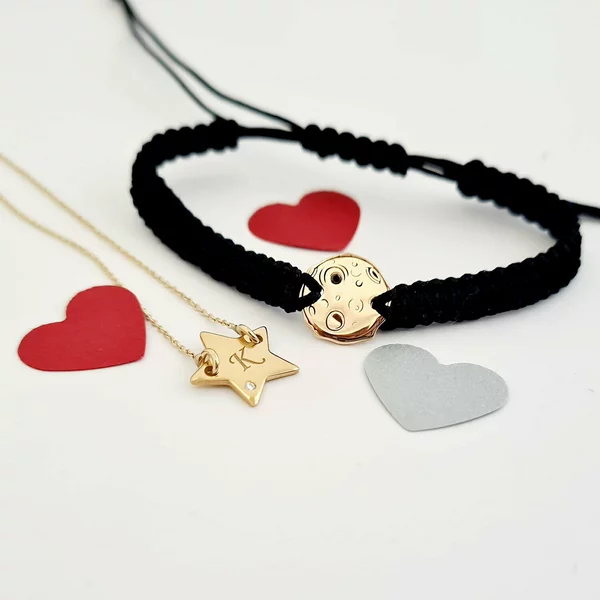 Set lantisor si bratara - Stea si luna plina - cu Diamant natural - Aur Galben 14K