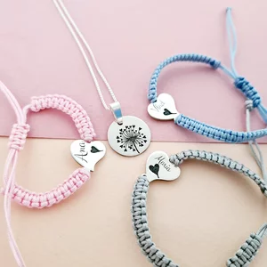 Set papadie - Lantisor cu pandantiv banut - 3 bratari inima personalizate cu nume - Bratari snur impletit - Argint 925