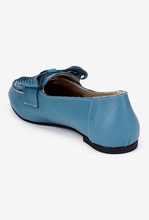 Balerini dama albastri din piele texturata cu accesoriu funda