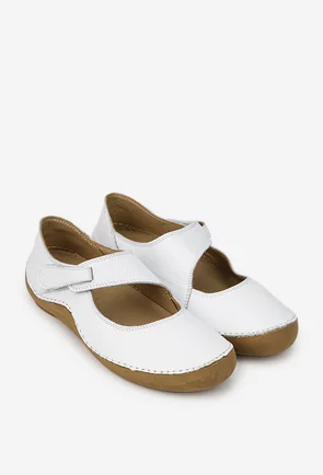 Balerini dama albi din piele naturala cu bareta