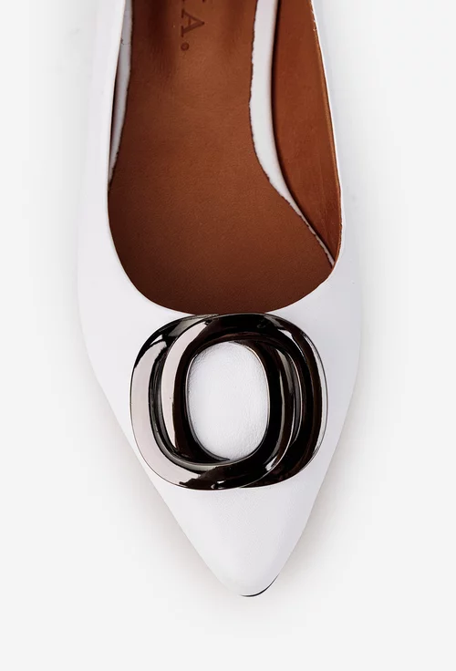 Balerini dama albi din piele naturala cu ornament