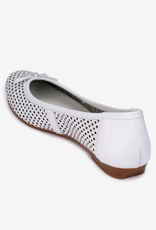 Balerini dama albi din piele perforata cu funda