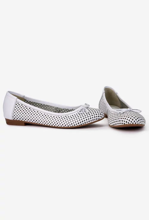 Balerini dama albi din piele perforata cu funda