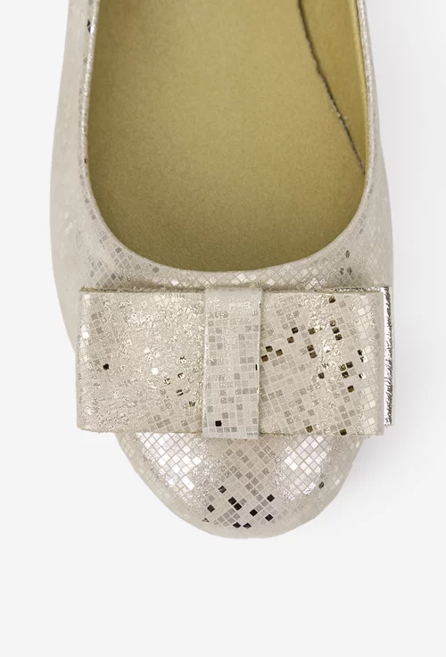 Balerini dama aurii din piele cu model si ornament funda