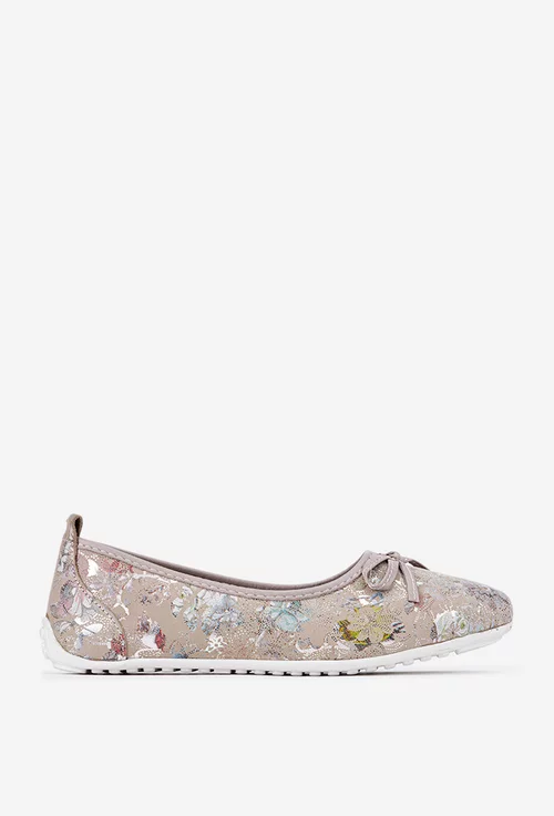Balerini dama bej din piele cu imprimeu floral