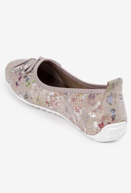 Balerini dama bej din piele cu imprimeu floral