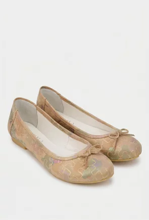 Balerini dama bej din piele cu model si funda