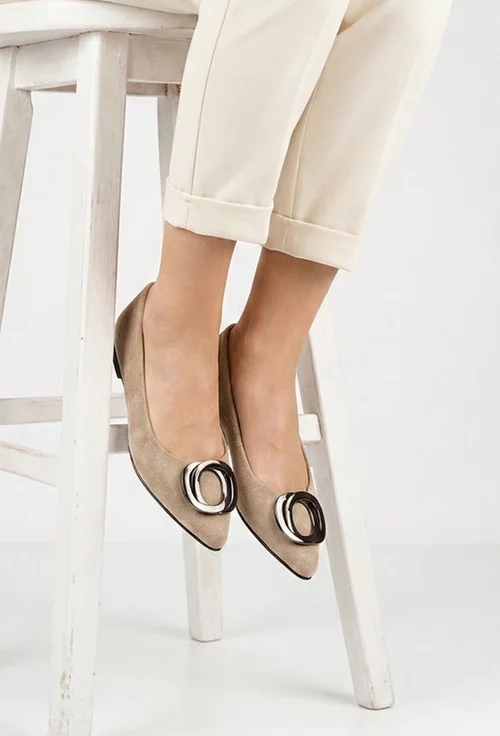 Balerini dama bej din piele intoarsa