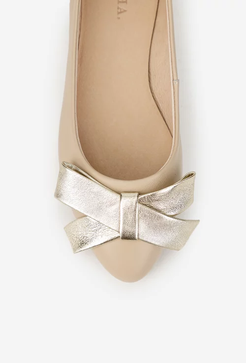 Balerini dama bej din piele naturala cu funda aurie