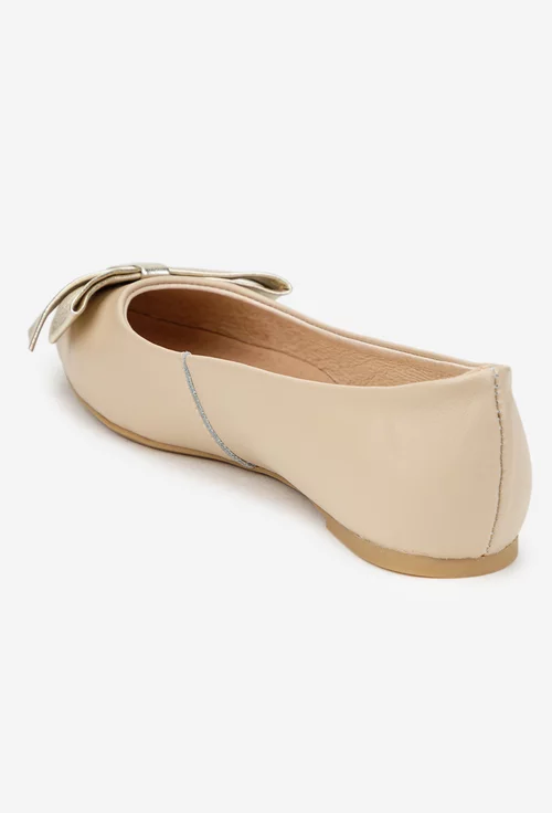 Balerini dama bej din piele naturala cu funda aurie