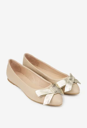 Balerini dama bej din piele naturala cu funda aurie