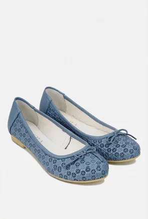 Balerini dama bleu din piele cu model si funda