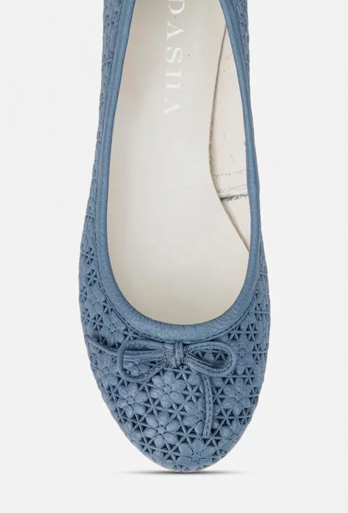 Balerini dama bleu din piele cu model si funda