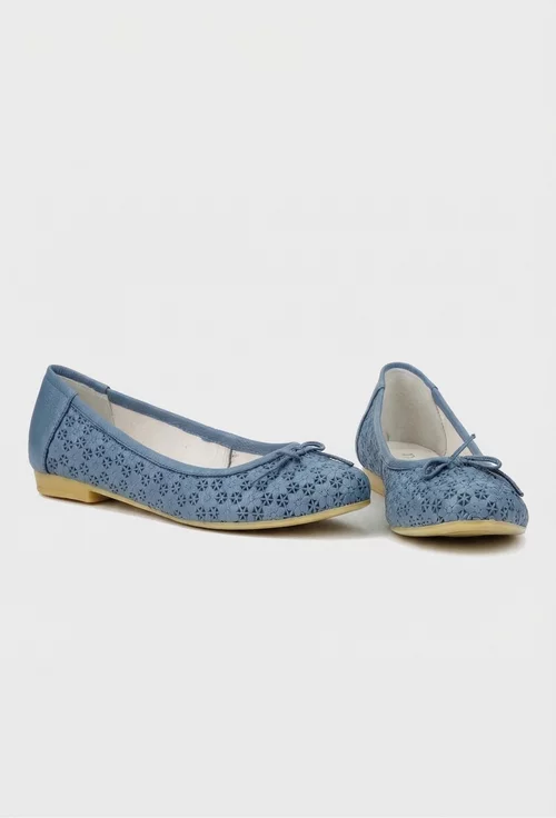 Balerini dama bleu din piele cu model si funda