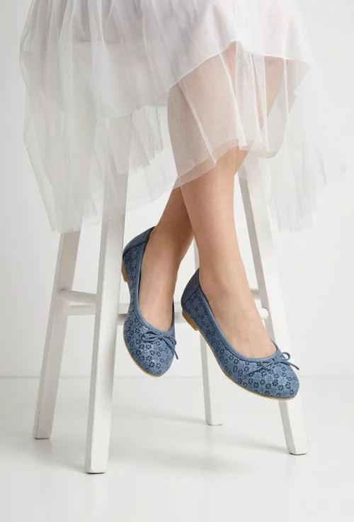 Balerini dama bleu din piele cu model si funda
