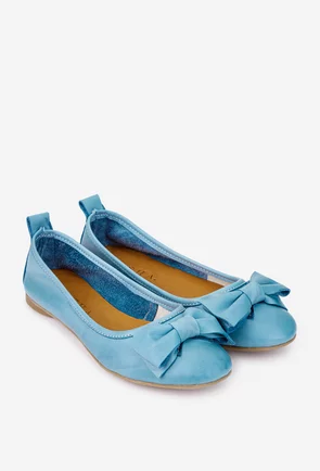 Balerini dama bleu din piele naturala cu funda