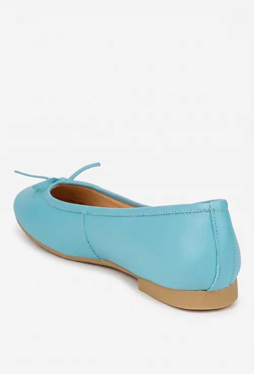 Balerini dama bleu din piele naturala cu funda subtire