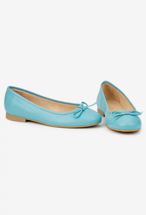 Balerini dama bleu din piele naturala cu funda subtire