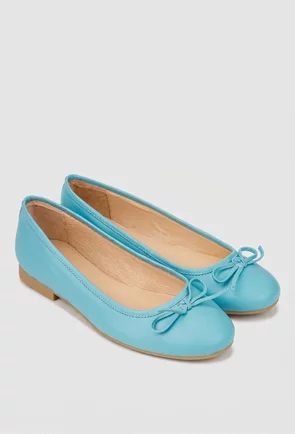 Balerini dama bleu din piele naturala cu funda subtire