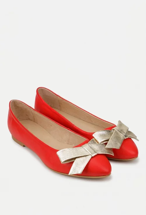 Balerini dama corai din piele cu funda aurie