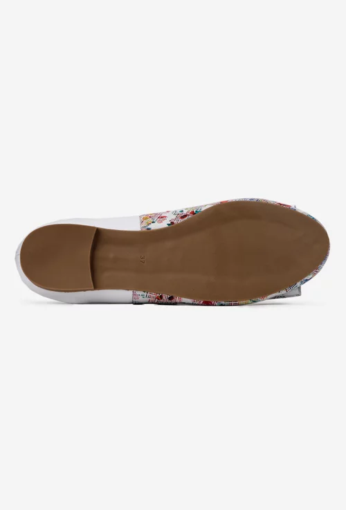Balerini dama din piele alba cu imprimeu multicolor si funda
