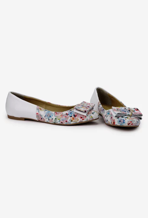 Balerini dama din piele alba cu imprimeu multicolor si funda