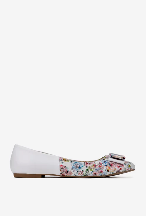 Balerini dama din piele alba cu imprimeu multicolor si funda