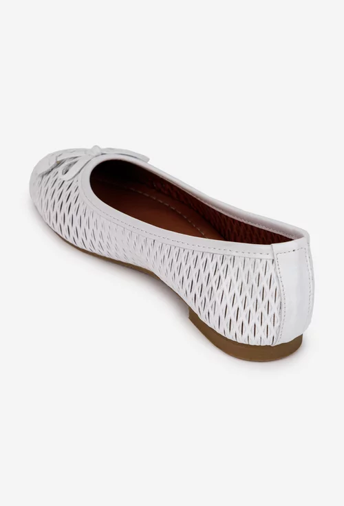 Balerini dama din piele alba cu model perforat si funda