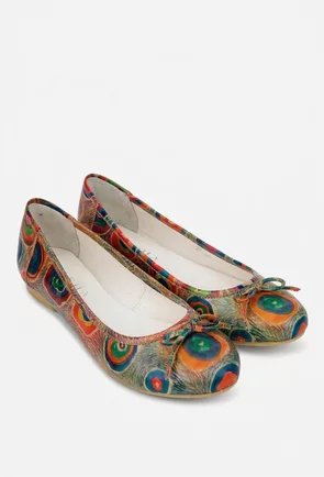 Balerini dama din piele cu imprimeu multicolor si funda