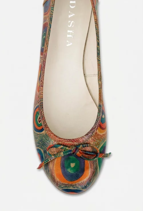 Balerini dama din piele cu imprimeu multicolor si funda