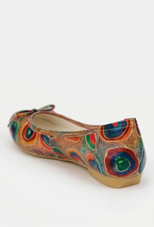 Balerini dama din piele cu imprimeu multicolor si funda