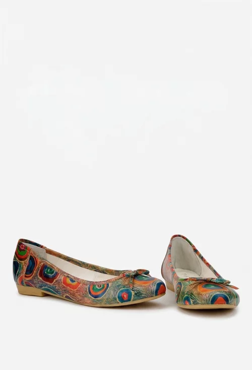 Balerini dama din piele cu imprimeu multicolor si funda