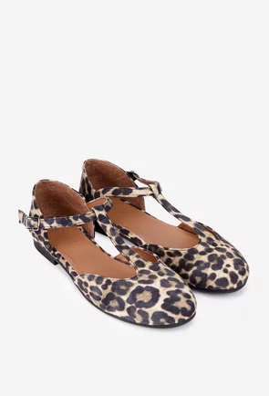Balerini dama din piele intoarsa animal print cu bareta in T