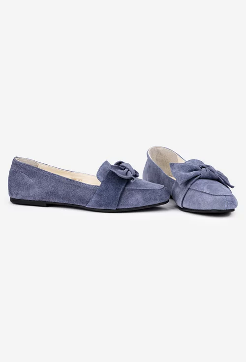 Balerini dama din piele intoarsa bleu cu funda