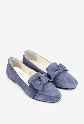 Balerini dama din piele intoarsa bleu cu funda