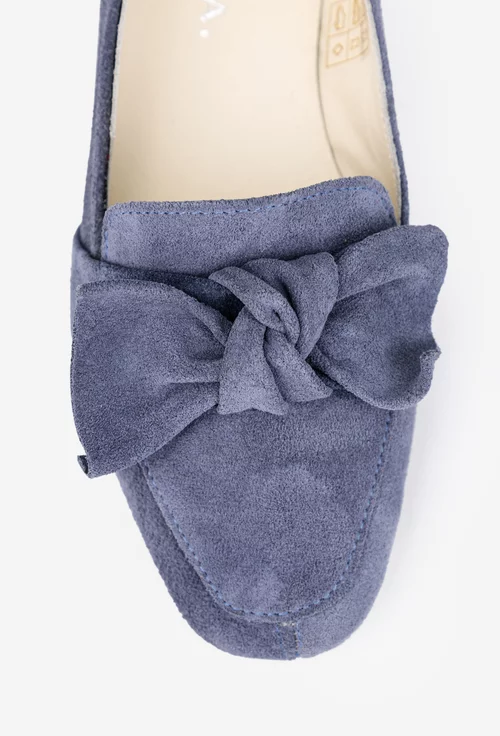 Balerini dama din piele intoarsa bleu cu funda