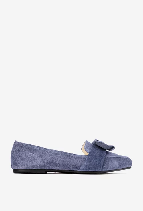 Balerini dama din piele intoarsa bleu cu funda