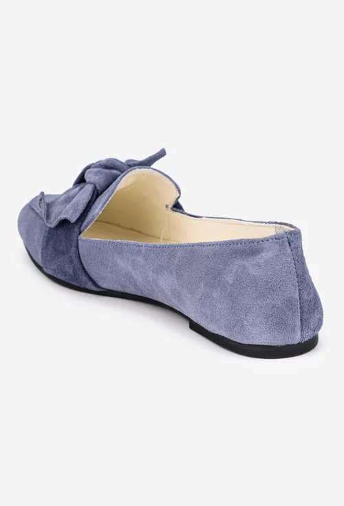 Balerini dama din piele intoarsa bleu cu funda