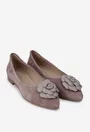 Balerini dama din piele intoarsa taupe cu floare