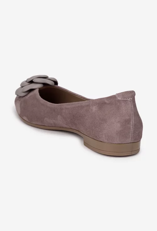 Balerini dama din piele intoarsa taupe cu floare