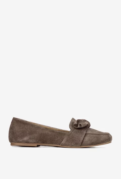 Balerini dama din piele intoarsa taupe cu funda