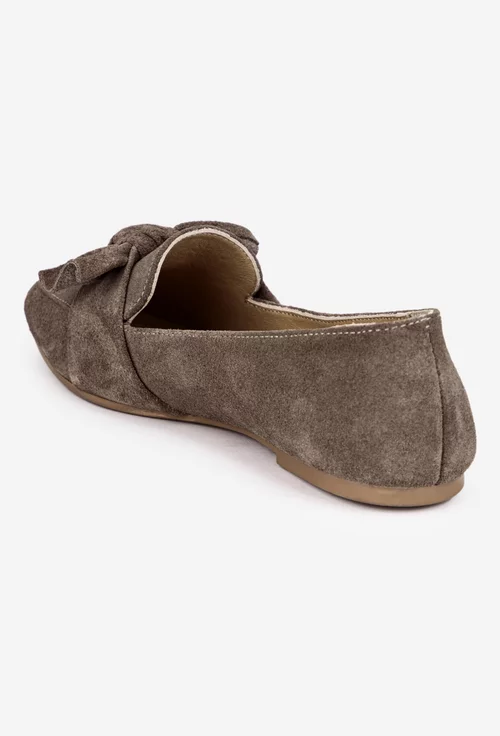 Balerini dama din piele intoarsa taupe cu funda