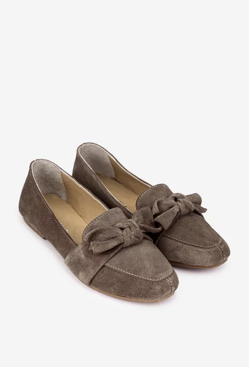 Balerini dama din piele intoarsa taupe cu funda