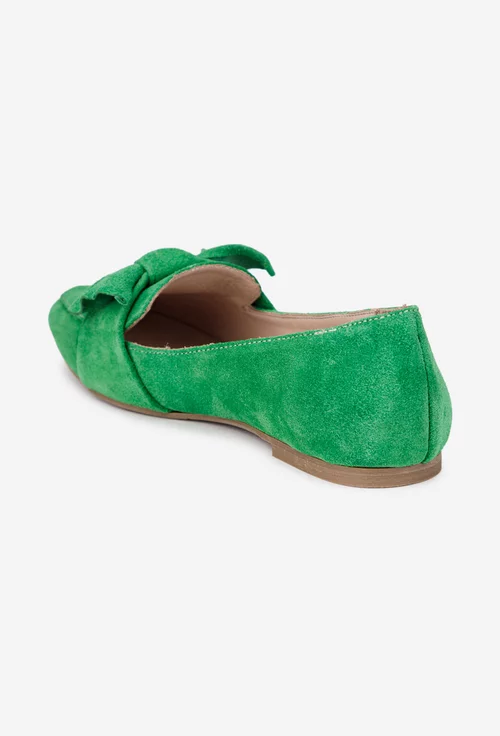 Balerini dama din piele intoarsa verde cu funda