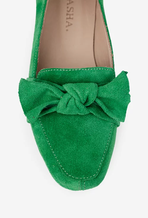 Balerini dama din piele intoarsa verde cu funda