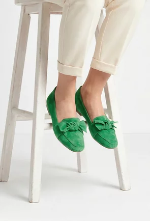 Balerini dama din piele intoarsa verde cu funda